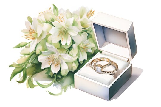 wedding rings in a box with a bouquet of flowers