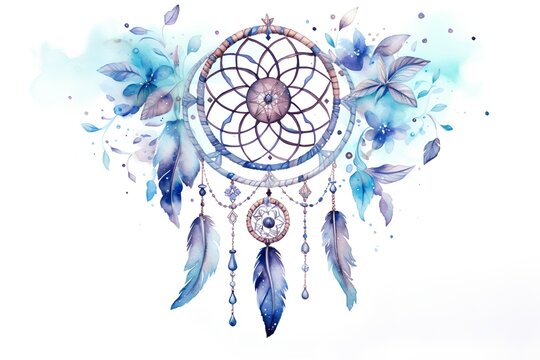 Watercolor dreamcatcher with feathers and hibiscus flowers
