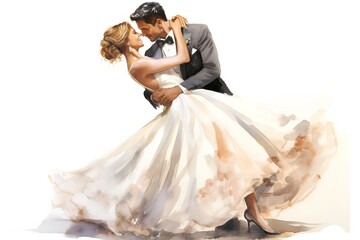 Beautiful bride and groom in wedding dress. Watercolor painting.