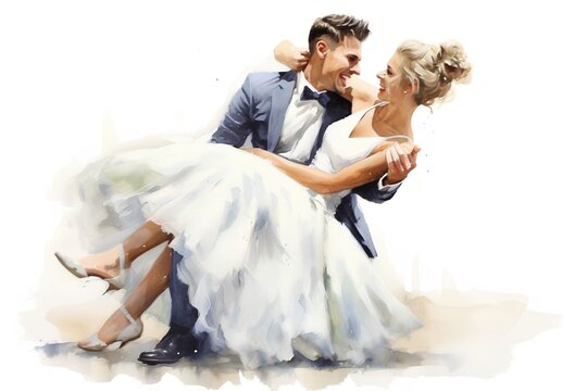 Beautiful bride and groom in wedding dress. Digital watercolor painting.