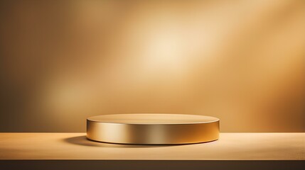 Round metal podium with beautiful backlighting and haze in delicate pastel golden yellow tones. generative AI