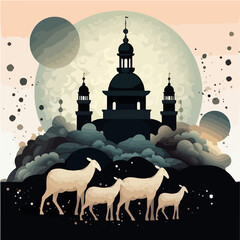 Eid Mubarak islamic mosque design moon and arabic sheep