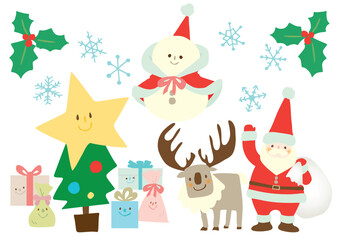クリスマス素材のかわいいベクターイラストセット
（サンタクロース、クリスマスツリー、トナカイ、雪だるま）