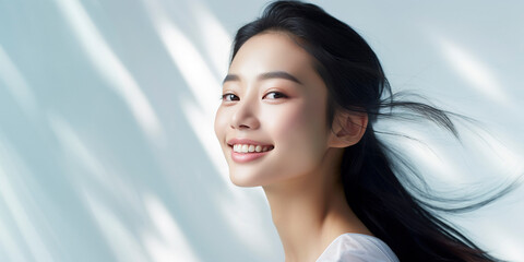 Portrait of beauty asian female with perfect healthy glow skin facial - obrazy, fototapety, plakaty