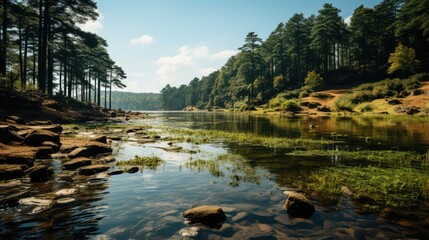 Beautiful views of the pine forest and views of the lake with cool blue water - obrazy, fototapety, plakaty