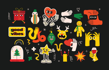 Cute cartoon characters and christmas elements for cards, seamless pattern, stickers. Merry Christmas and Happy New Year 2024. Vector trendy abstract illustrations for holiday wallpaper, fabric