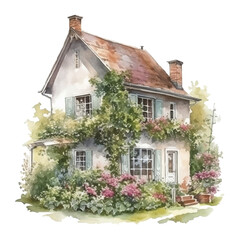 Fototapeta na wymiar garden house watercolor illustration, generative AI