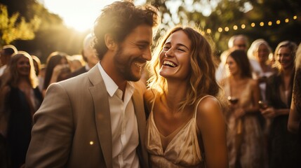 The newlyweds, full of happiness, stand together, greeting their guests following the wedding ceremony. Their smiles shine as friends and family offer their congratulations on their marriage.