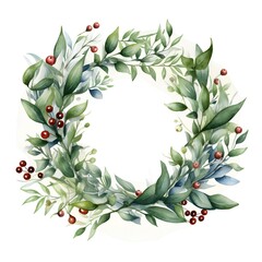 Watercolor Christmas wreath with green leaves, berries and red berries. Hand painted illustration isolated on white background - obrazy, fototapety, plakaty