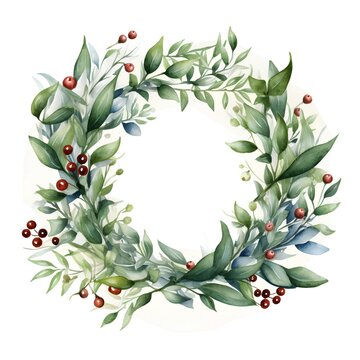 Watercolor Christmas wreath with green leaves, berries and red berries. Hand painted illustration isolated on white background