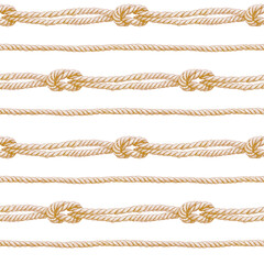 Seamless pattern of rope cords with knots. Hand drawn illustration graphics. Hand painted elements on white background.