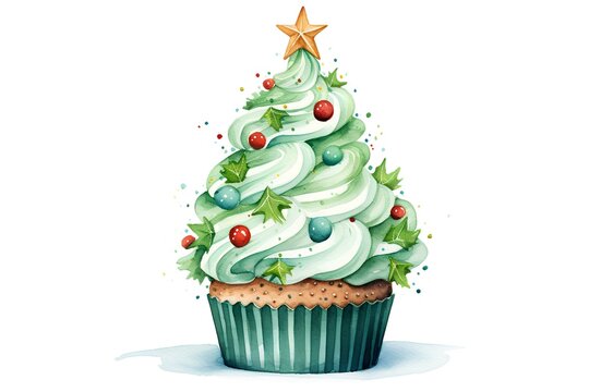 Watercolor Christmas cupcake with green frosting and christmas tree