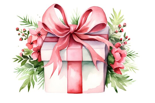 Gift box with red bow. Watercolor hand drawn illustration on white background