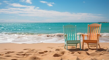 Fototapeta na wymiar Chairs on the sandy beach near the sea, Beautiful beach