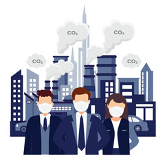 Business people wear face masks to protect smoke, dust and air pollution in city, factory pipes and industrial smog vector illustration.