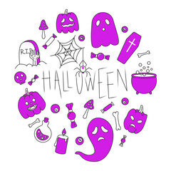 Set of halloween doodle in purple colors. Pumpkins, ghost, wizard, spooky night, grave, spiderweb, treats, skull, zombie hand, magic potion. Simple colored vector illustration.