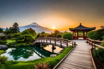 japanese garden in spring,wooden bridge,pond,mountain landscape,rural scenery,nature photography,scenic vista,peaceful atmosphere,outdoor recreation,hiking destination,picturesque getaway. - obrazy, fototapety, plakaty