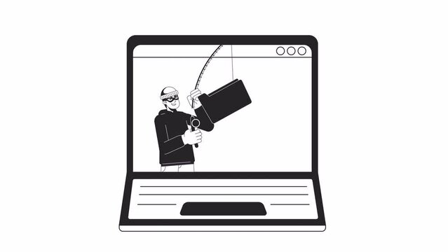 Hacker with fishing rod catching computer folder bw outline 2D animation. Phishing 4K video motion graphic. Cyber attacker on laptop monochrome linear animated cartoon flat concept, white background