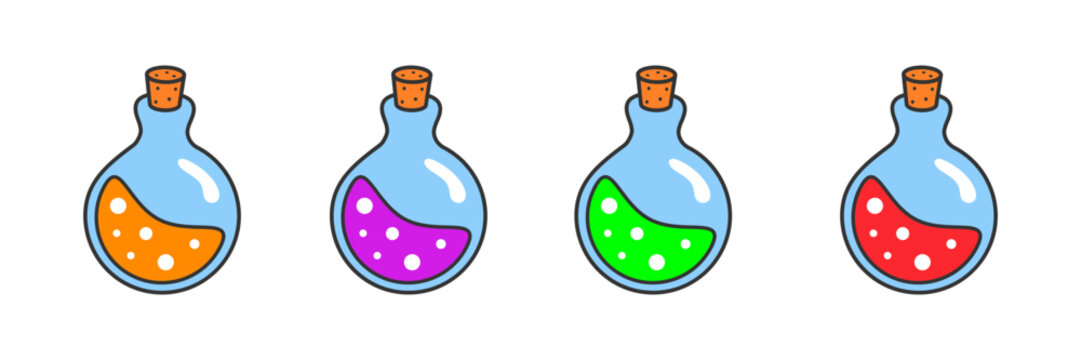 Bottle of magic potion in defferent colors vector illustration. Halloween, laboratory, science, wizard, witchcraft, mana, game element.