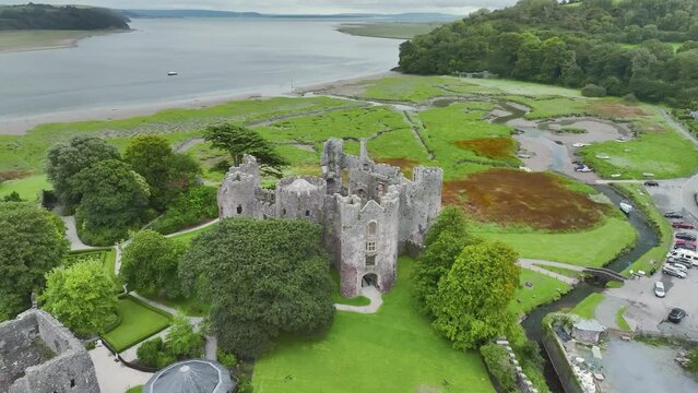 Laugharne Castle or Castell Talacharn from a drone, Laugharne, Carmarthen, Wales, England	