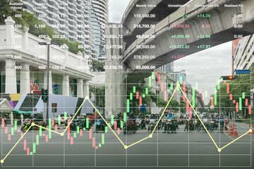 Stock financial index show data analysis investment on transportation industry with graph, chart and candlesticks on the background of traffic in the city of Bangkok, Thailand.