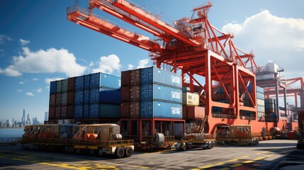 Container loading on cargo ship with big crane, industrial background