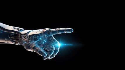 exciting world of AI and technology an eye-catching image featuring a cyborg hand with a pointing finger. idea of AI at our fingertips and its limitless possibilities. - obrazy, fototapety, plakaty