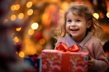 Fototapeta na wymiar excited little girl holding a big Christmas present with christmas tree and bokeh lights in the background, candid