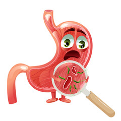 Scared cartoon stomach character with ulcer and helicobacter pylori infection under magnifying glass