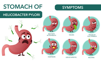 Symptoms helicobacter pylori infographic with cartoon stomach characters