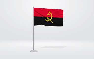 3D illustration of an Angolan flag extended on a flagpole and a studio backdrop in the background.