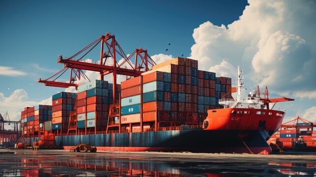 container ship cargo containers in logistics port terminal, background of shipping goods by ship