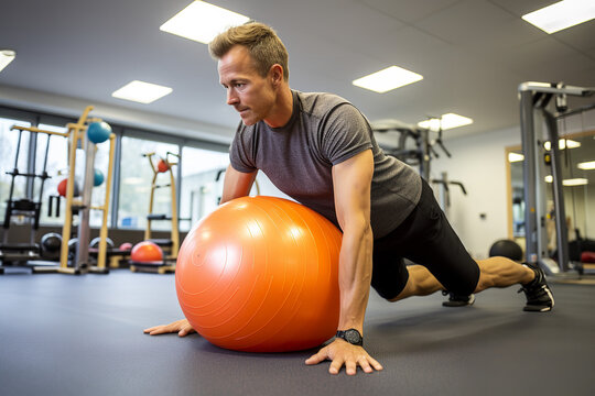 A focused individual balances on a large stability ball, executing core exercises under the supervision of an attentive physiotherapist