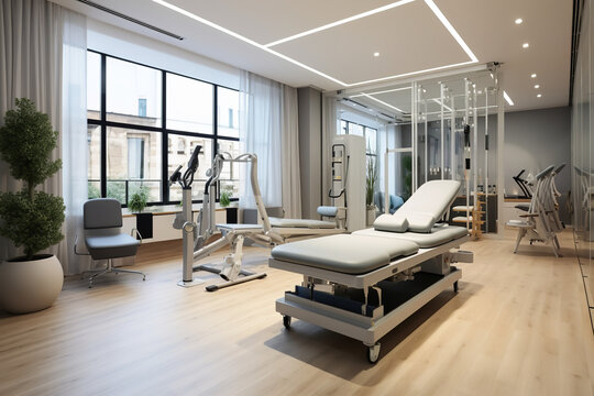 Bright, contemporary physiotherapy space showcasing advanced equipment designed to optimize patient recovery and therapeutic outcomes