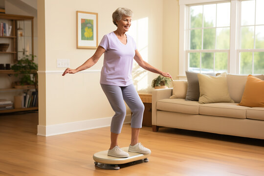 A determined patient works on their stability, using a wobble board under the watchful eye of a supportive physiotherapist