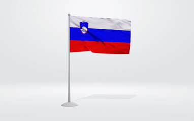 3D illustration of a Slovenian flag extended on a flagpole and a studio backdrop in the background.