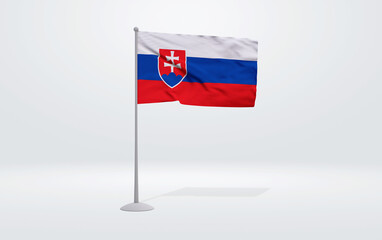 3D illustration of a Slovakian flag extended on a flagpole and a studio backdrop in the background.