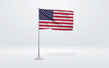 3D illustration of a United States flag extended on a flagpole and a studio backdrop in the background.