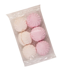 white-pink marshmallows in transparent packaging isolated. delicious zephyr