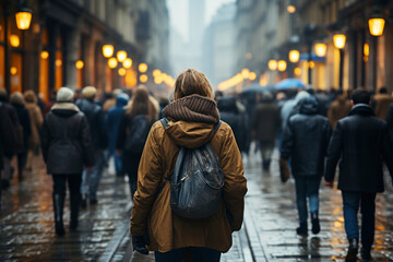 A woman in a large group of people walking down a busy street in a city - obrazy, fototapety, plakaty