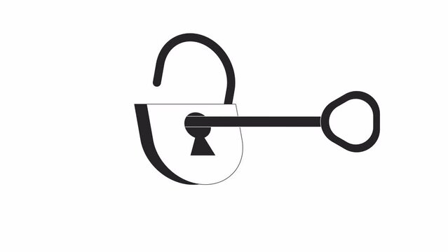 Unlocking lock with key in keyhole bw outline 2D object animation. Open padlock monochrome linear cartoon 4K video. Break-in. Turning key to free shackle animated item isolated on white background