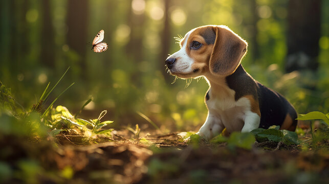 A small beagle puppy sitting in the grass next to a butterfly