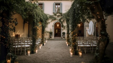 Fototapeta na wymiar Natural and boho chic style wedding decoration in a french mansion 