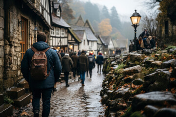 A group of people walking through a small English village in the countryside