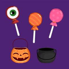 Halloween Candy Bucket Set : The set of Halloween candies collection, lollipops cauldron and pumpkins, for your Halloween celebrations.  From eye-wrapped candies to cauldrons and jack o' lanterns.