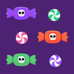 Spooky-Sweet Halloween Candy Set : The set collection of Halloween candies collection and skull-wrapped candies. Explore the colorful and festive elements in this twirl and round candy  set.