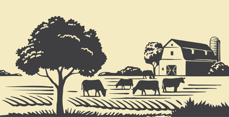 Dairy plantation. Cows grazing in rural meadow, hand drawn sketch vector - obrazy, fototapety, plakaty