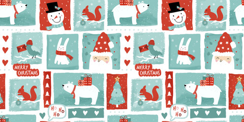 Lovely christmas seamless pattern, cute characters and decoration, great for wrapping paper, textiles, banners, wallpapers - vector design