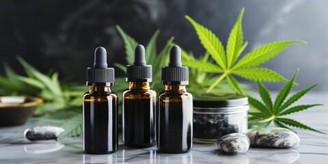 CBD drops in mockup bottles with space for text - obrazy, fototapety, plakaty