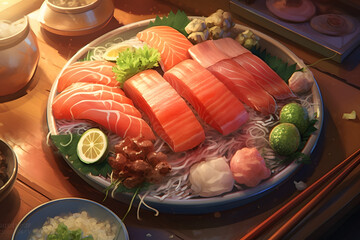 Sashimi Japanese food anime style illustration Made with Generative AI